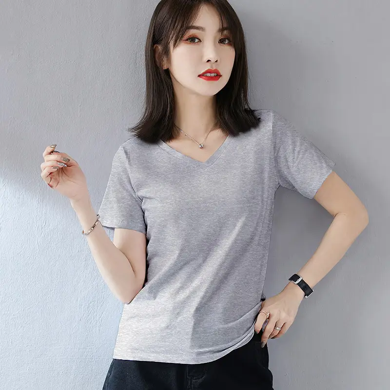 Women V-Neck Pure Cotton T-Shirt Blue - Image 2
