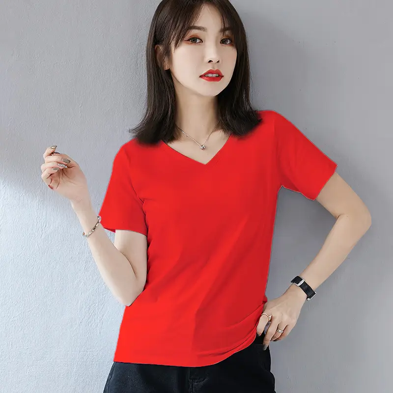 Women V-Neck Pure Cotton T-Shirt Blue - Image 3