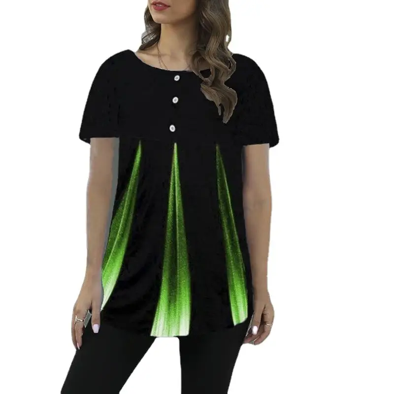Women Gradient Printed T-Shirt Black Green Short Sleeve