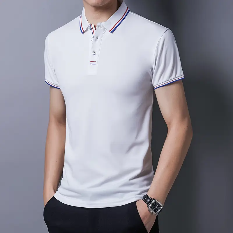 Men White Polo T-Shirt Short Sleeve Casual Business