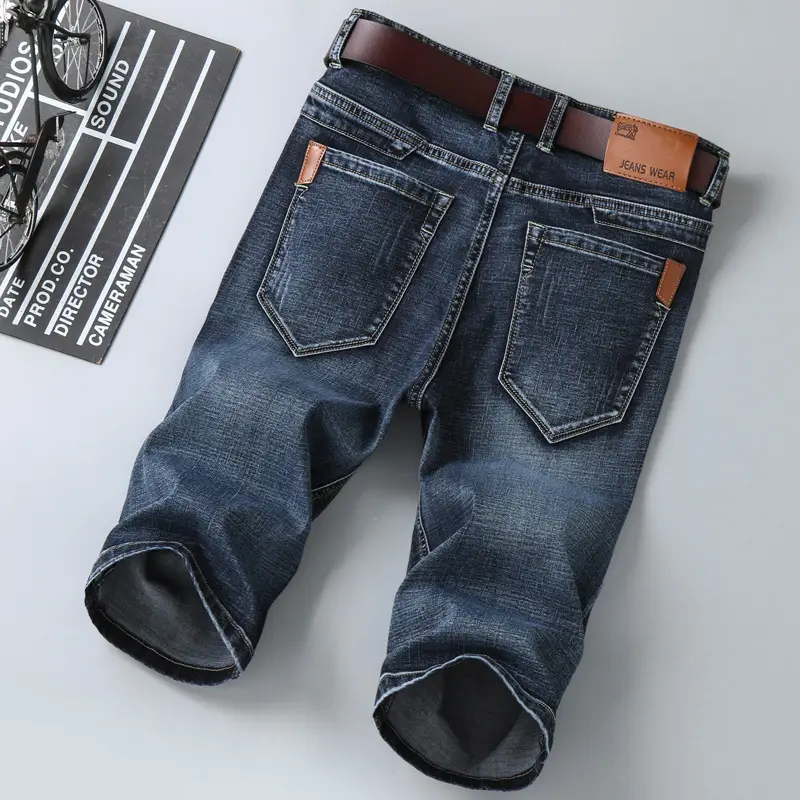 Men Slim Stretch Denim Mid Capri Shorts Blue - Image 4