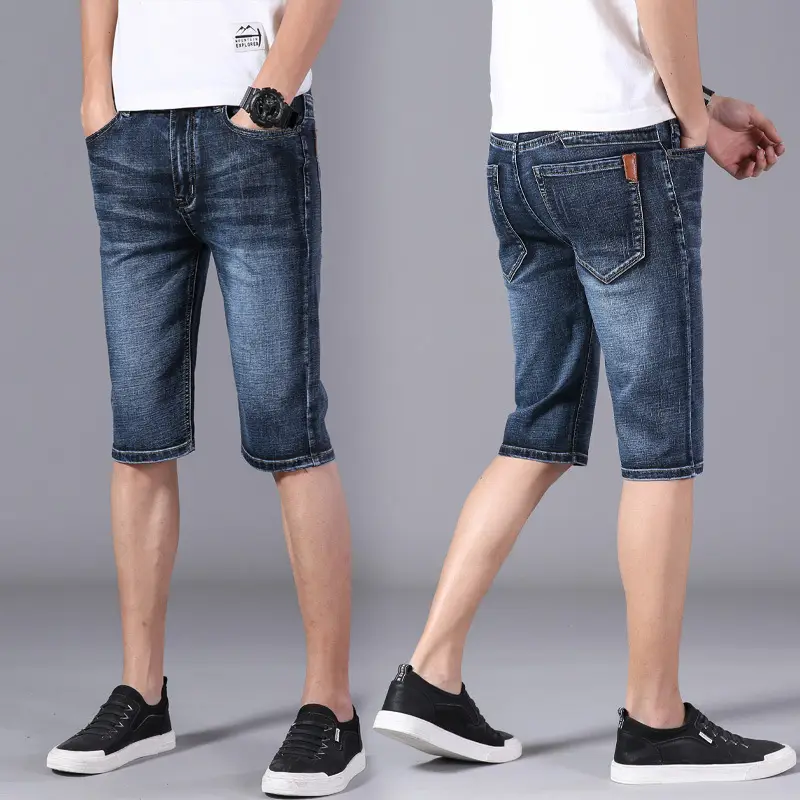 Men Slim Stretch Denim Mid Capri Shorts Blue - Image 5