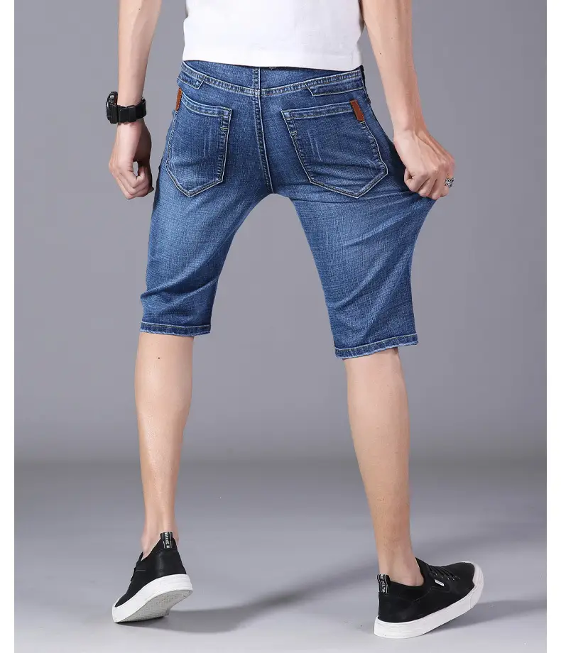 Men Slim Stretch Denim Mid Capri Shorts Blue — feature 10
