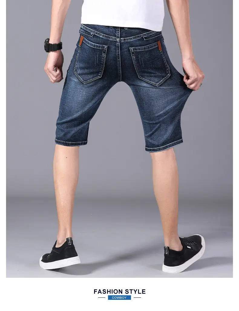 Men Slim Stretch Denim Mid Capri Shorts Blue — feature 12