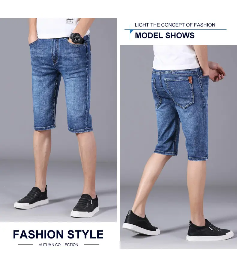 Men Slim Stretch Denim Mid Capri Shorts Blue — feature 9