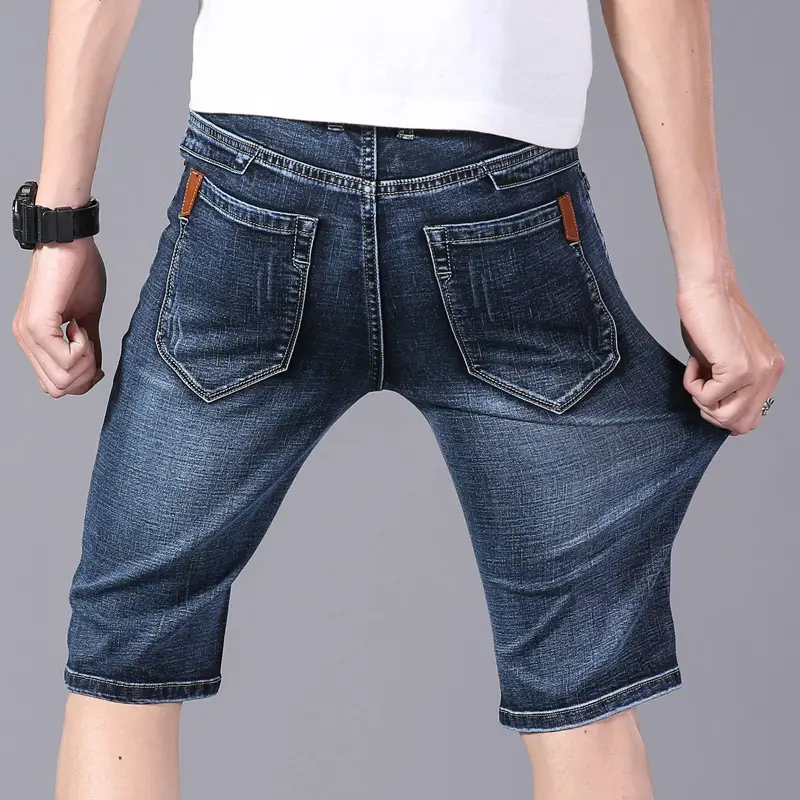Men Slim Stretch Denim Mid Capri Shorts Blue - Image 2