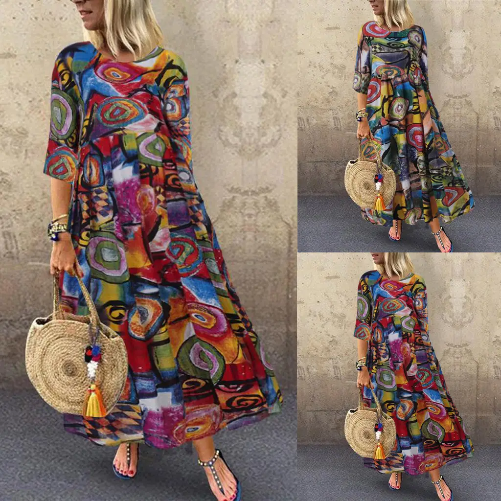 Long Printed Pleated Dress for Women with Retro Design - Image 3