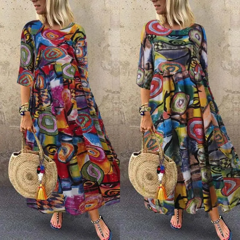 Long Printed Pleated Dress for Women with Retro Design - Image 4