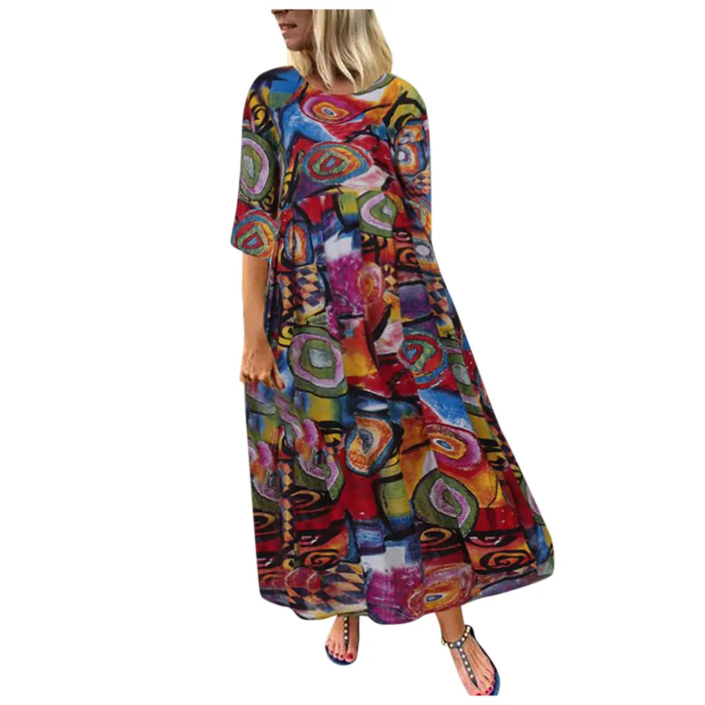 Long Printed Pleated Dress for Women with Retro Design - Image 5