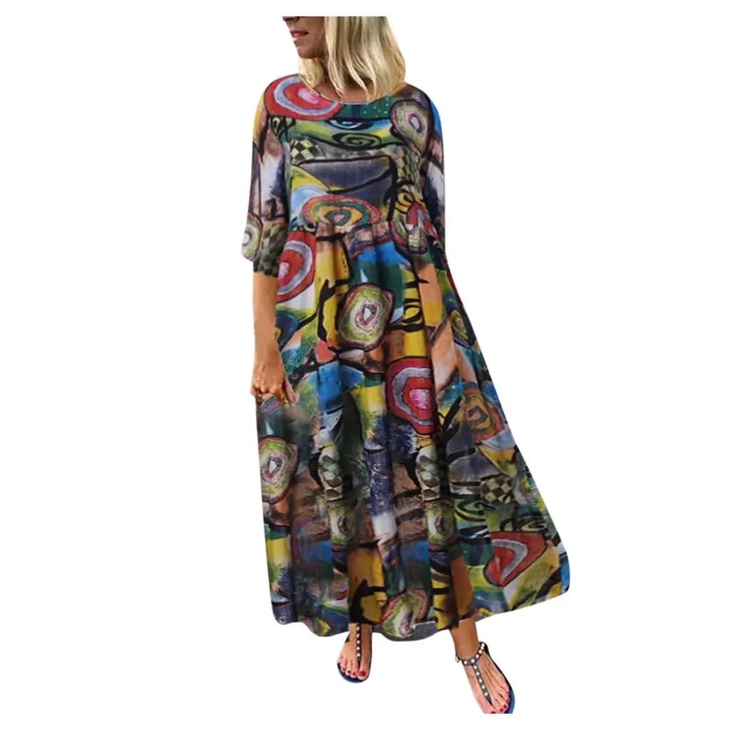 Long Printed Pleated Dress for Women with Retro Design - Image 6