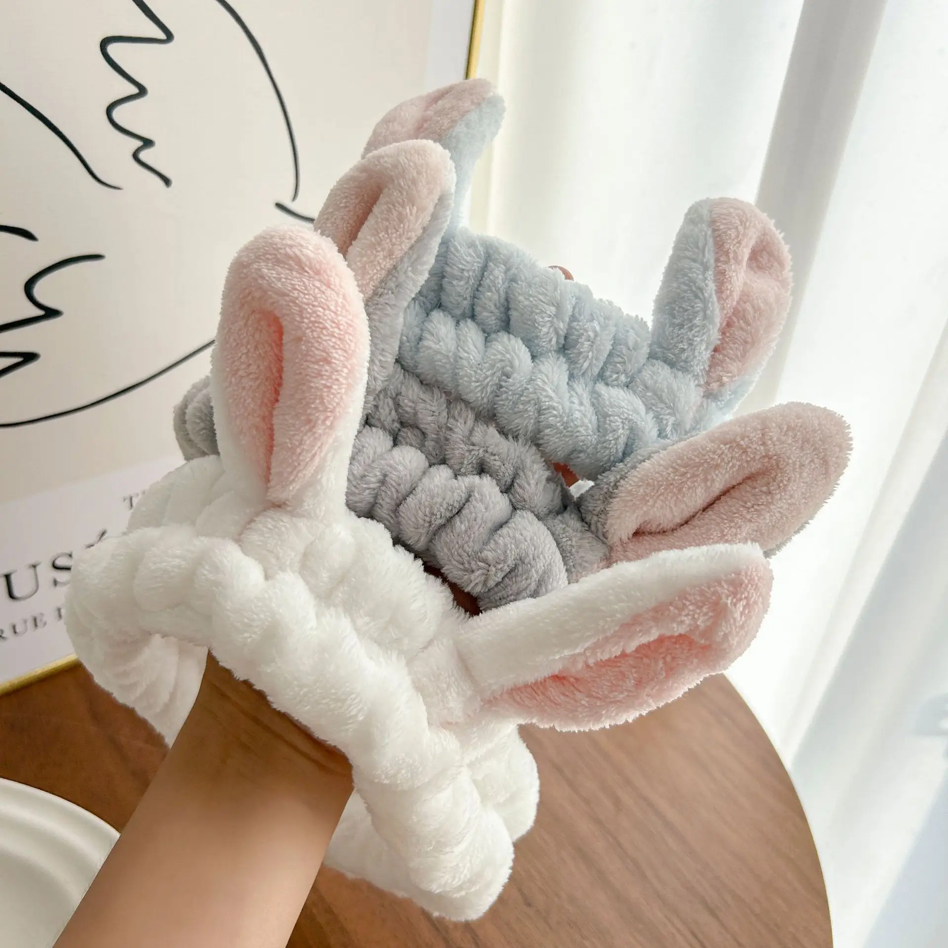 White Rabbit Ear Headband with Pink Faux Fur Trim for Women — feature 3
