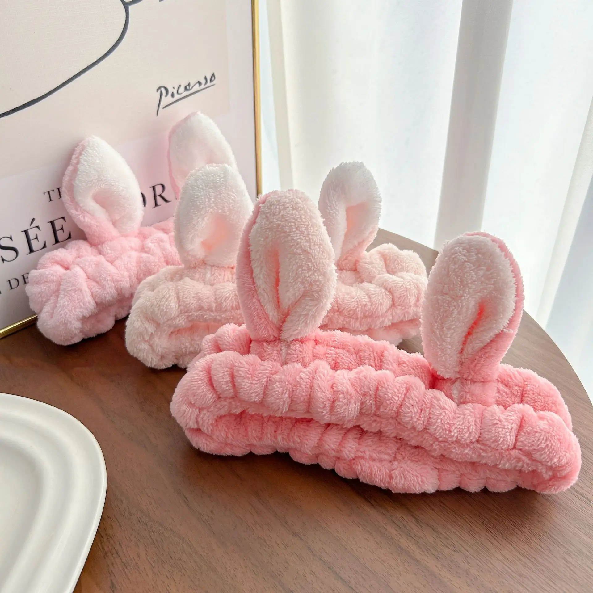 White Rabbit Ear Headband with Pink Faux Fur Trim for Women - Image 61