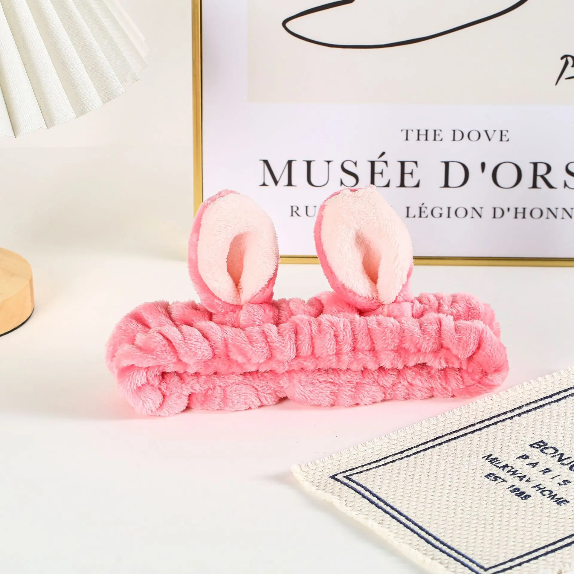 White Rabbit Ear Headband with Pink Faux Fur Trim for Women — feature 12