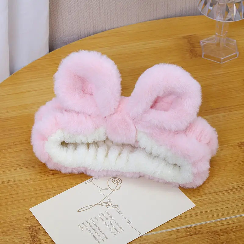 White Rabbit Ear Headband with Pink Faux Fur Trim for Women - Image 52