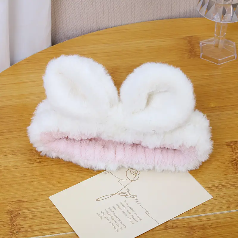 White Rabbit Ear Headband with Pink Faux Fur Trim for Women - Image 55