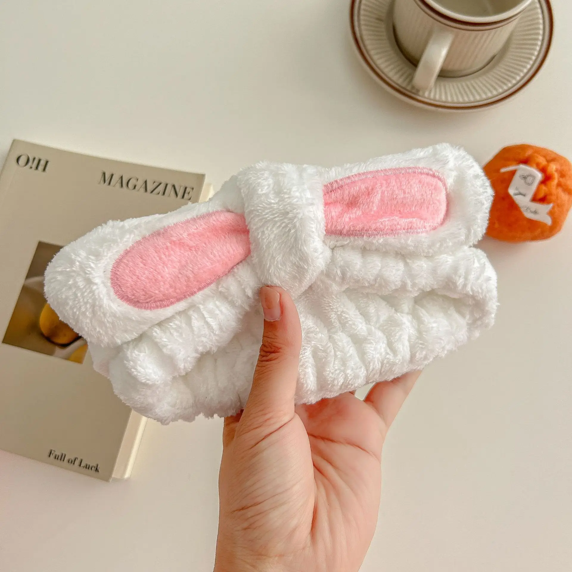 White Rabbit Ear Headband with Pink Faux Fur Trim for Women - Image 12
