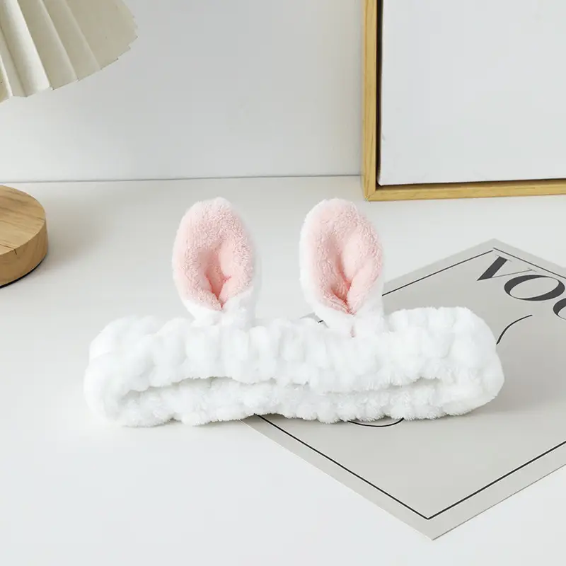 White Rabbit Ear Headband with Pink Faux Fur Trim for Women - Image 2