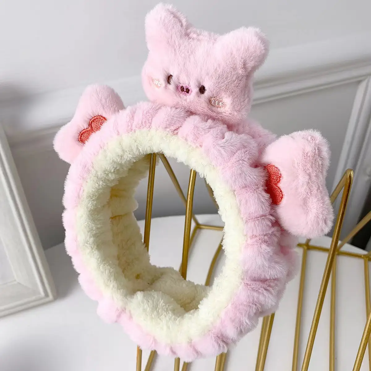 White Rabbit Ear Headband with Pink Faux Fur Trim for Women - Image 41