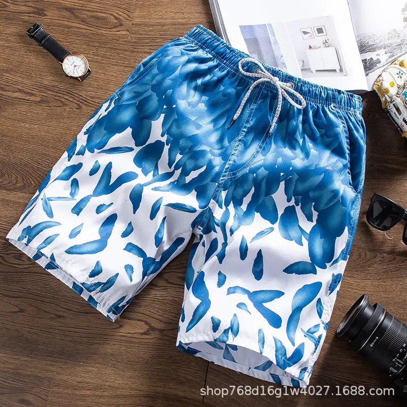Men Printed Tropical Beach Shorts Blue Orange - Image 14