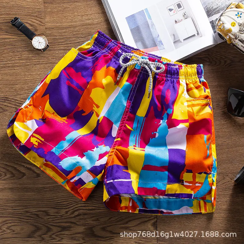Men Printed Tropical Beach Shorts Blue Orange - Image 18