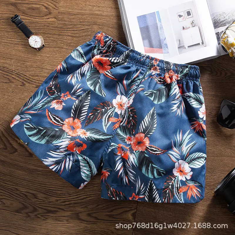 Men Printed Tropical Beach Shorts Blue Orange - Image 19