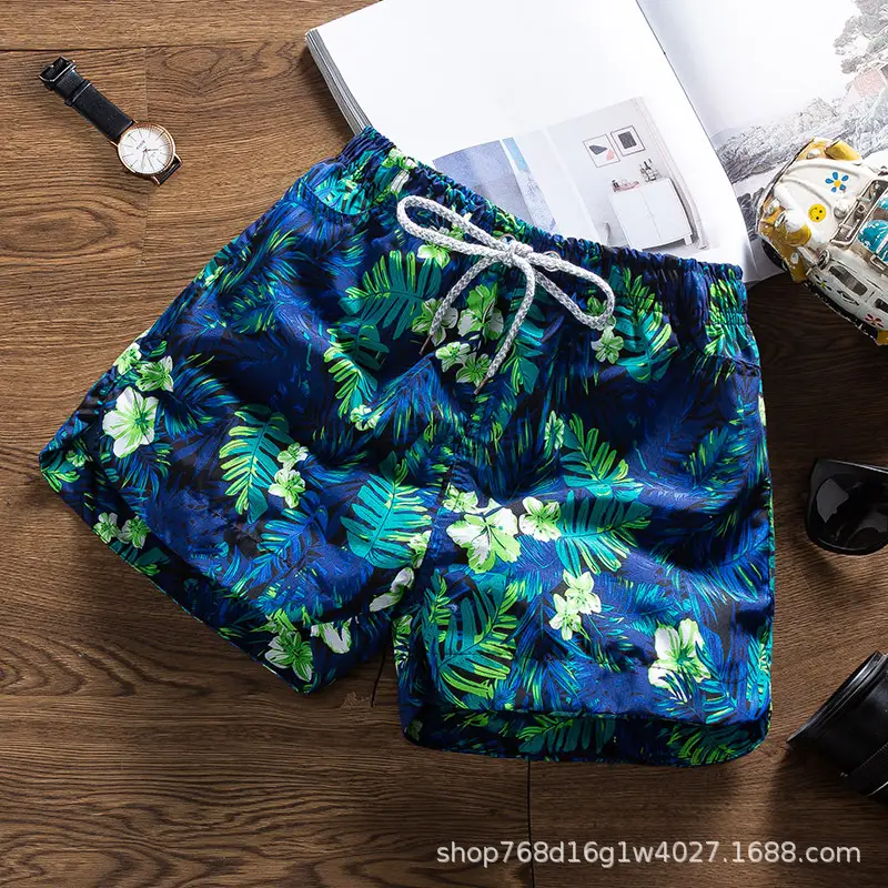 Men Printed Tropical Beach Shorts Blue Orange - Image 20