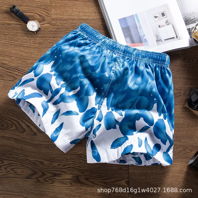 Men Printed Tropical Beach Shorts Blue Orange - Image 23