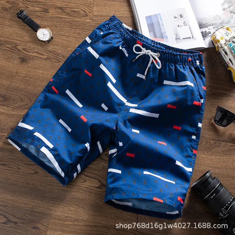 Men Printed Tropical Beach Shorts Blue Orange - Image 3