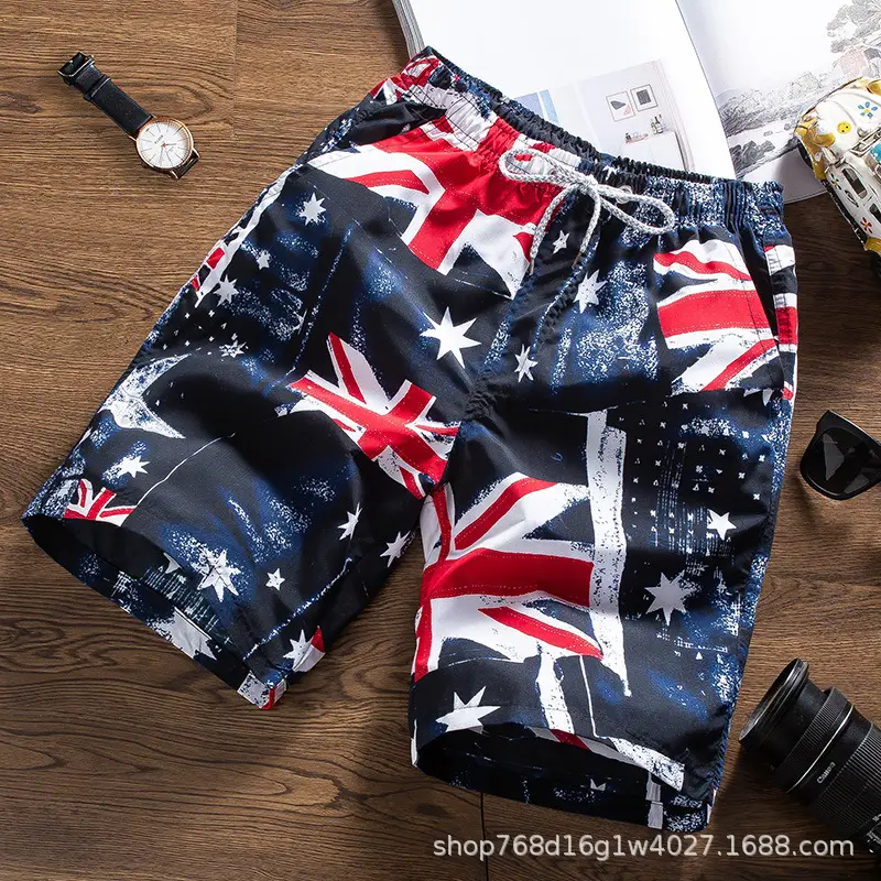 Men Printed Tropical Beach Shorts Blue Orange - Image 8