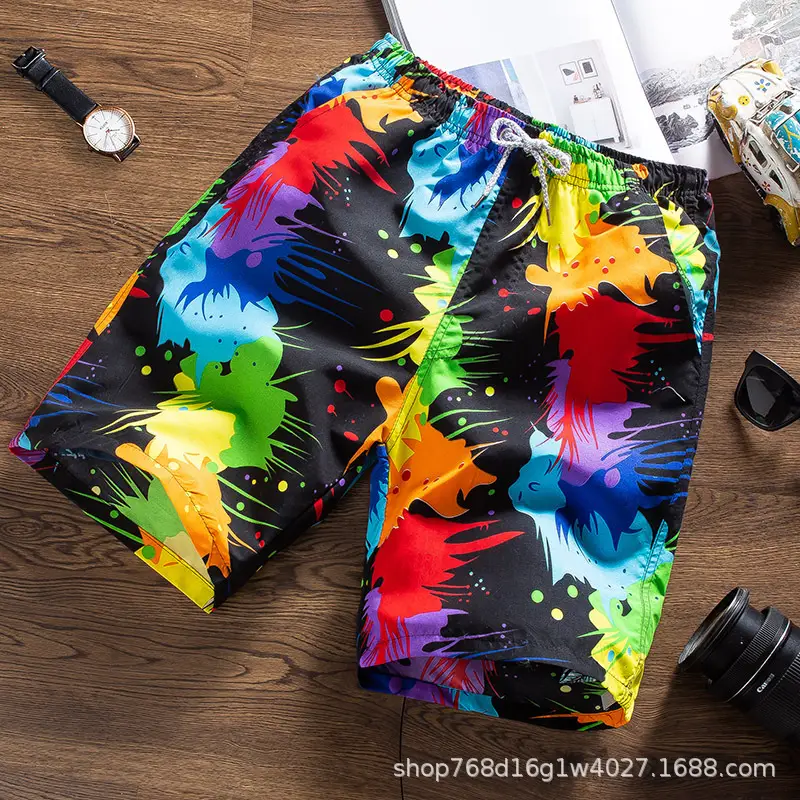 Men Printed Tropical Beach Shorts Blue Orange - Image 9