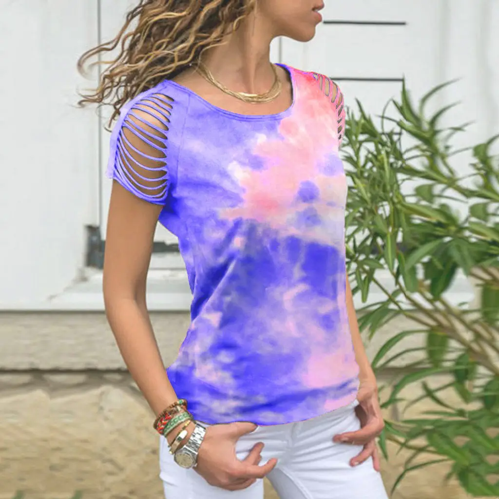 2021 Summer Tie-dyed Hole Burned T-shirt Women - Image 4
