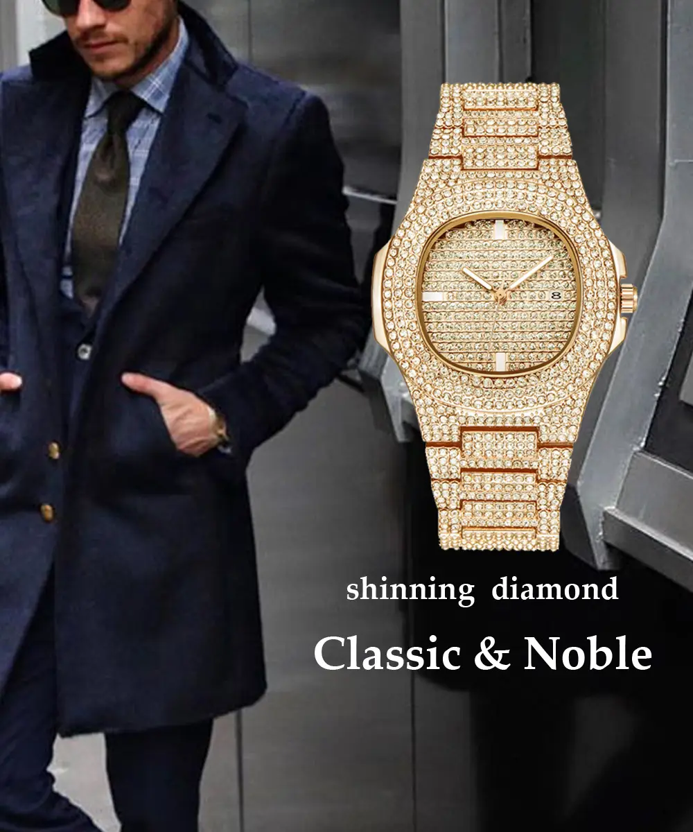 hiphop Super Cool Hip Hop Diamond Watch Rap Men's Quartz Strap Calendar Gypsophila Steel Strap Full Diamond Watch Wholesale — feature 1