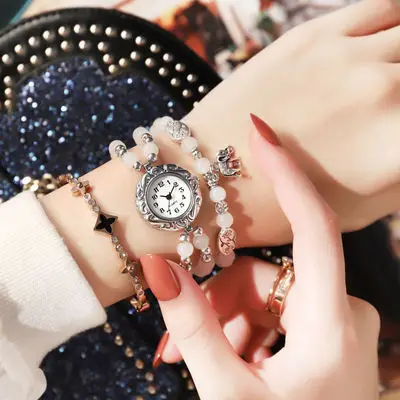 Women Korean Style Bracelet Watch with Black Stones - Image 9