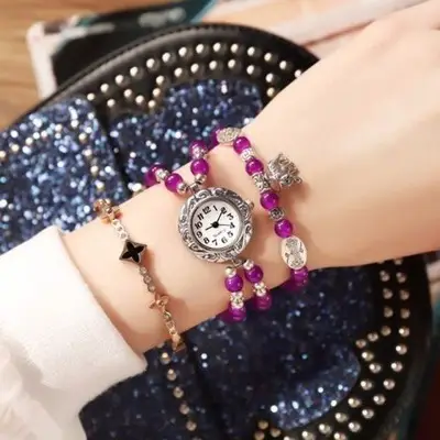 Women Korean Style Bracelet Watch with Black Stones - Image 3