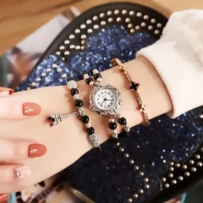 Women Korean Style Bracelet Watch with Black Stones - Image 4