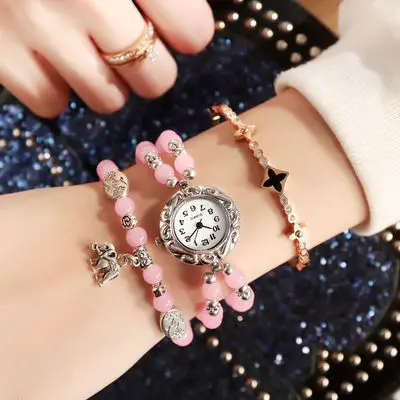 Women Korean Style Bracelet Watch with Black Stones - Image 5