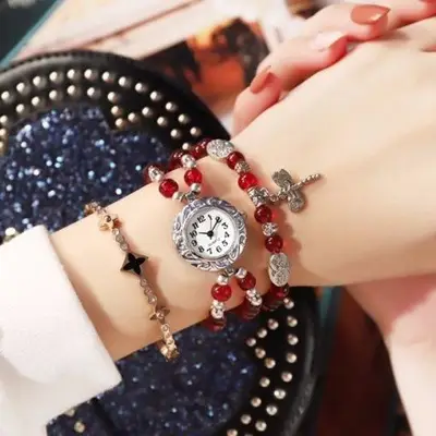 Women Korean Style Bracelet Watch with Black Stones - Image 6