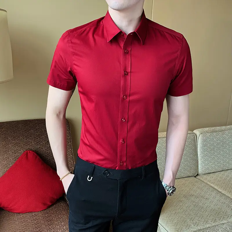 Men Red Short Sleeve Shirt Business Lining Summer Wear