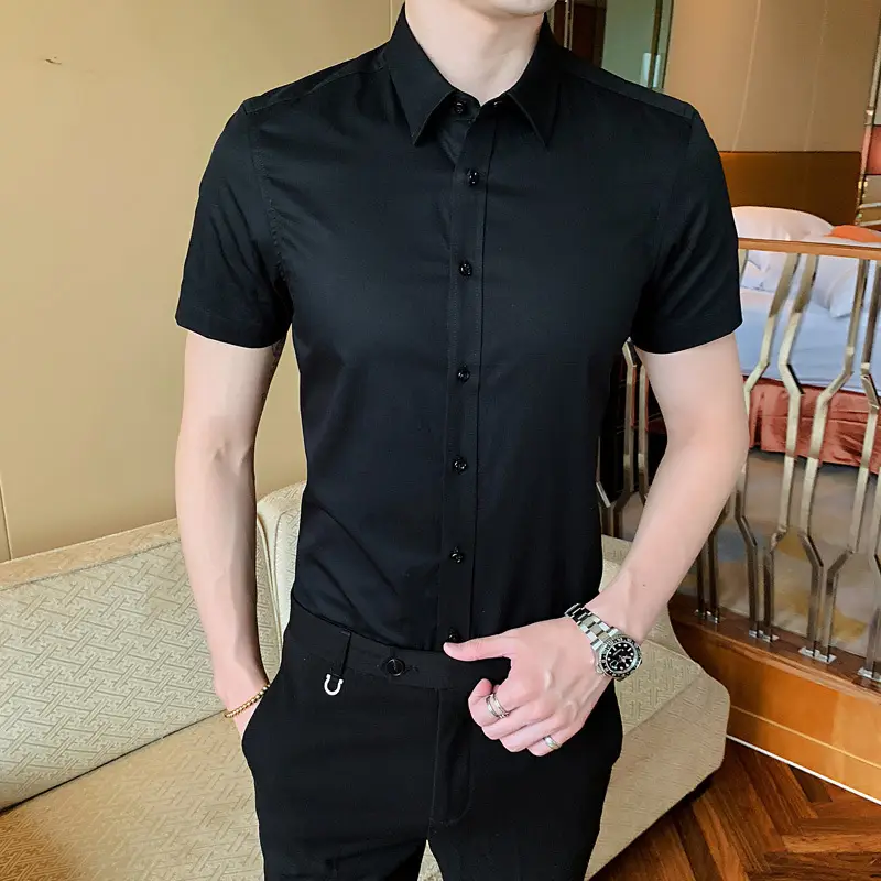 Men Red Short Sleeve Shirt Business Lining Summer Wear