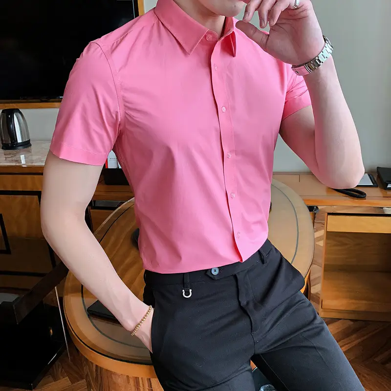 Men Red Short Sleeve Shirt Business Lining Summer Wear