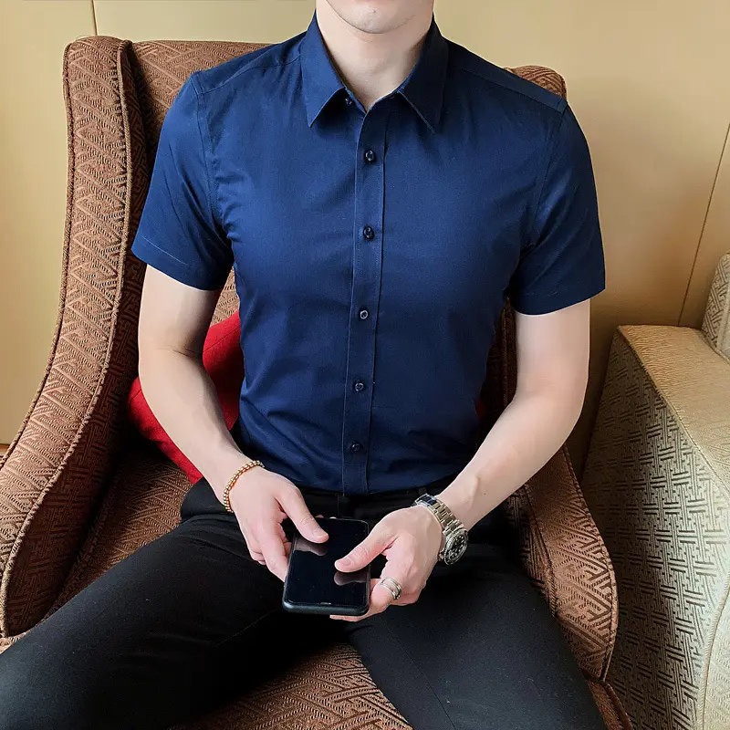 Men Red Short Sleeve Shirt Business Lining Summer Wear