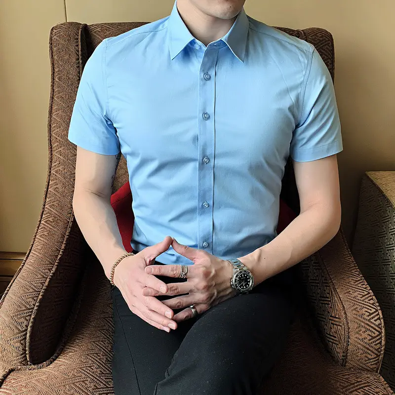 Men Red Short Sleeve Shirt Business Lining Summer Wear