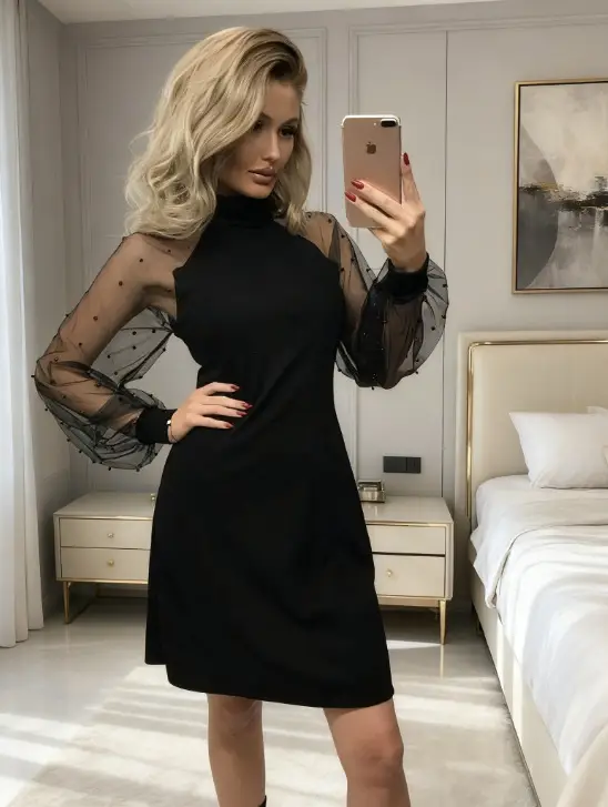 Purple Mesh Long Sleeve Dress with Hip Hug Design - Image 7