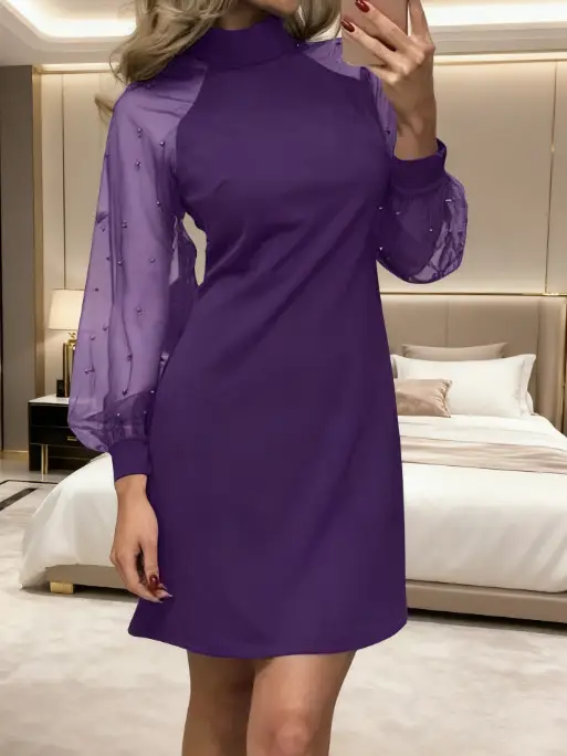 Purple Mesh Long Sleeve Dress with Hip Hug Design - Image 11