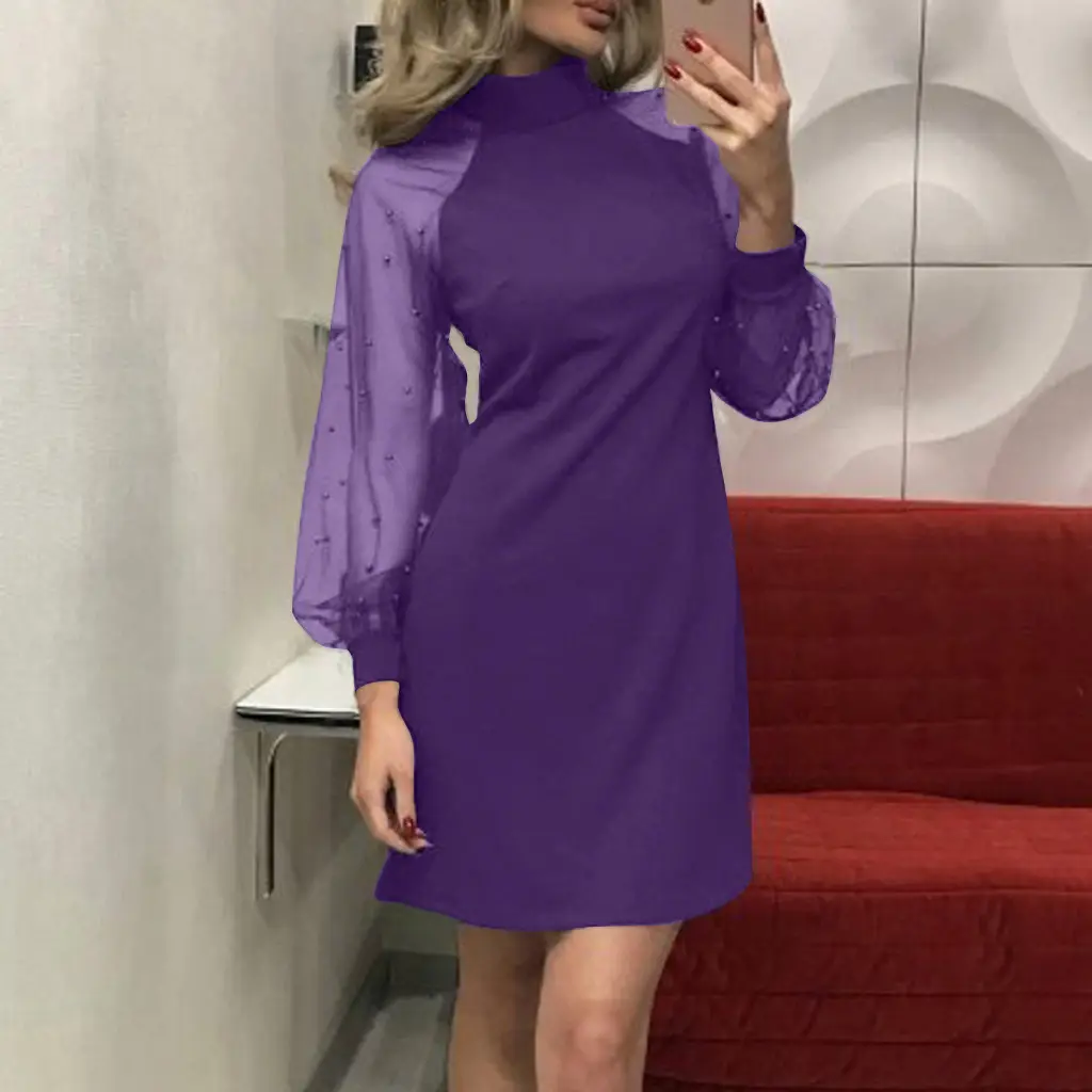 Purple Mesh Long Sleeve Dress with Hip Hug Design — feature 8