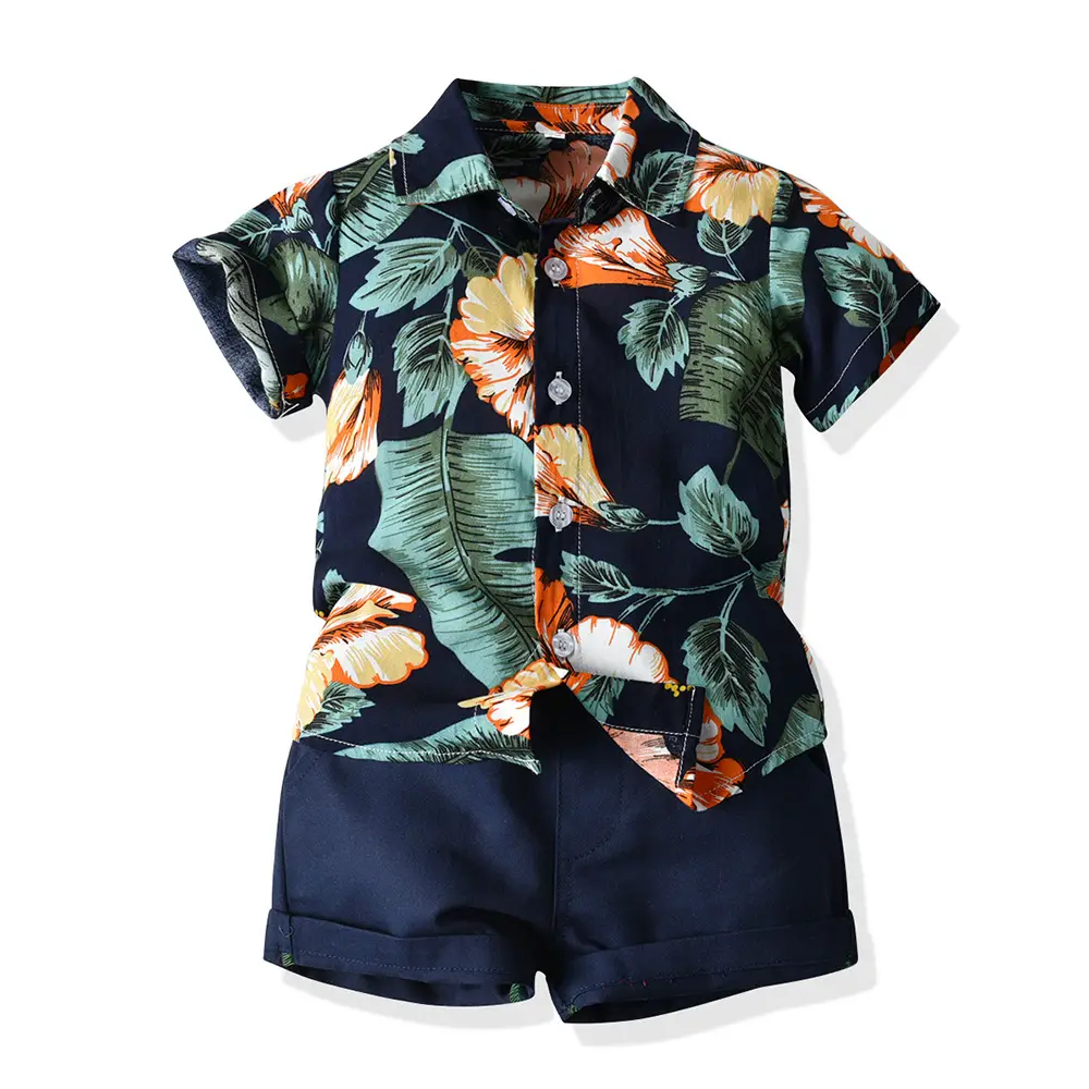 Retro Floral Baby Shirt Dark Shorts Set for Girls