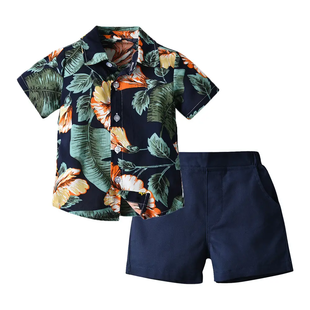Retro Floral Baby Shirt Dark Shorts Set for Girls