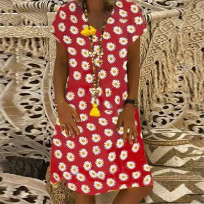 Women's Green Daisy V-Neck Dress 2024 - Image 3