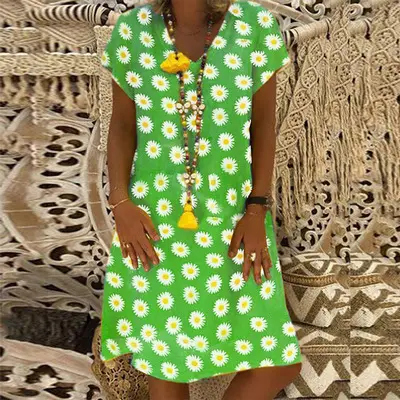 Women's Green Daisy V-Neck Dress 2024 - Image 4