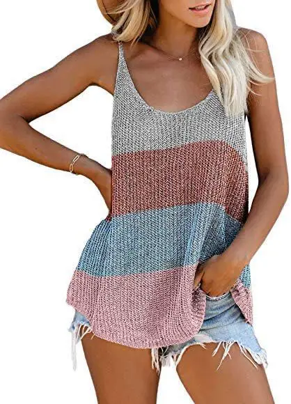 Women Knitted Vest with Spaghetti Strap & Contrasting Colors